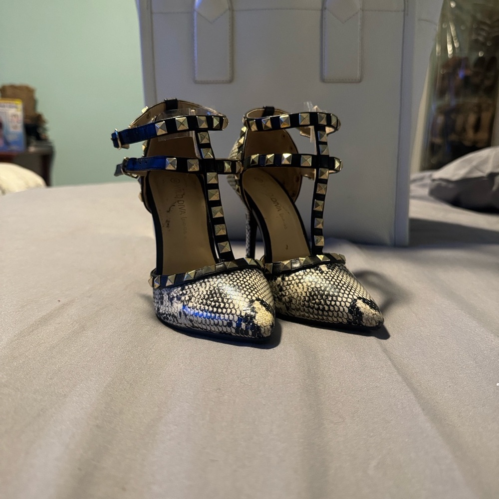 Wild Diva Black and White Snakeskin Heels with Studded Straps